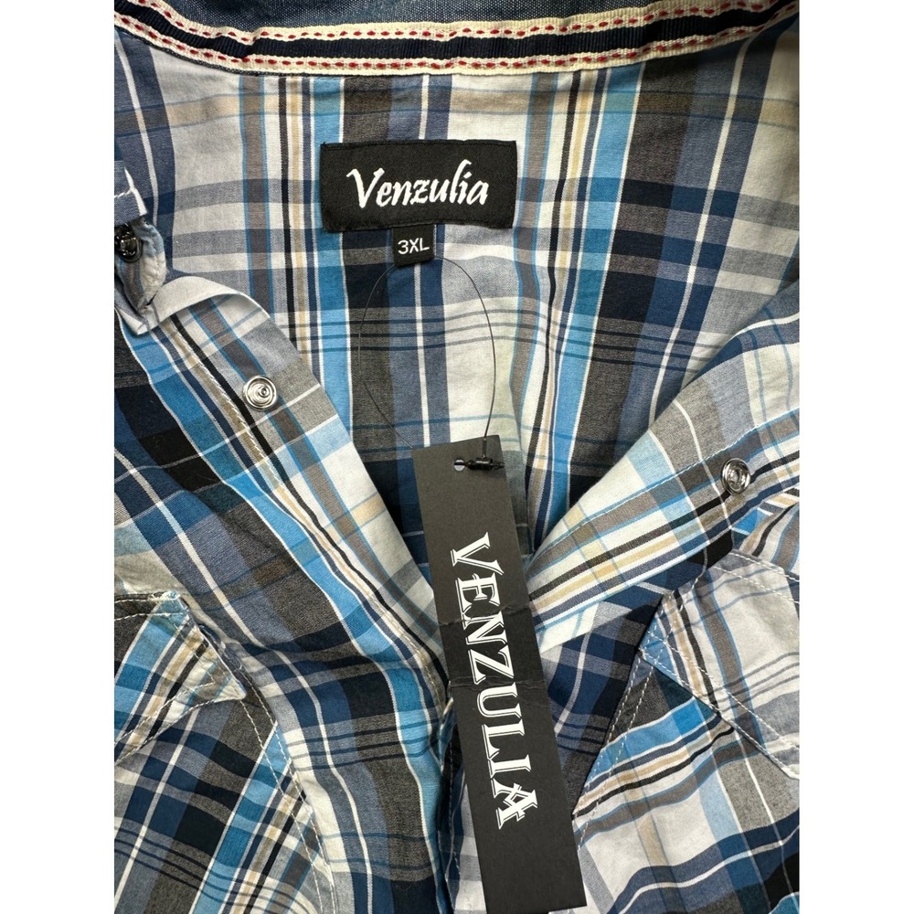 Venzulia Men's 3XL Blue White Plaid Long Sleeve Western Pearl Snap Shirt NWT